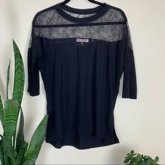 Rebecca Taylor Black Crewneck Lace Yoke 3/4 Sleeve - Picture 3 of 9